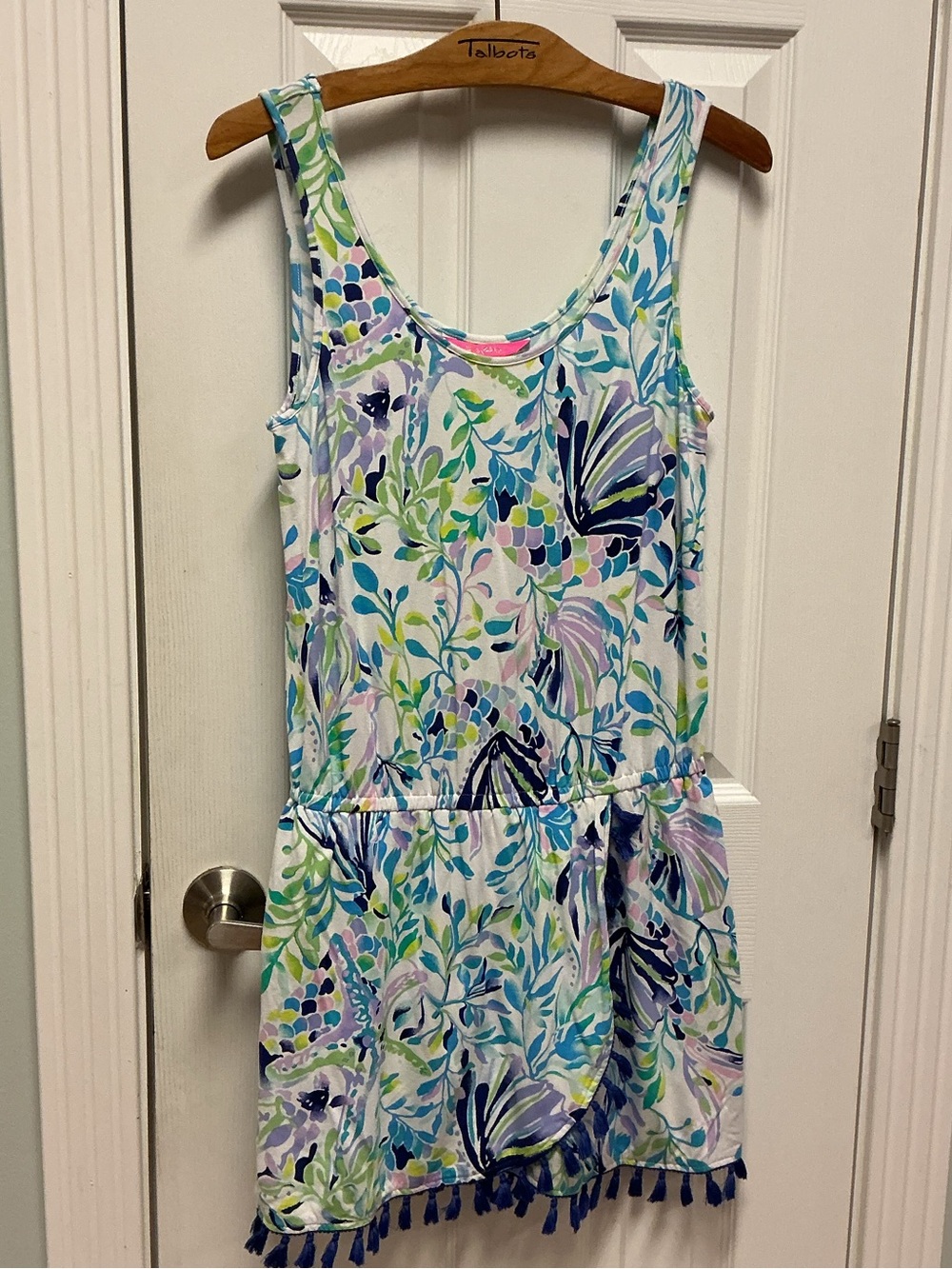 Lilly Pulitzer SZ M Jarrett Romper Blue Tassel Hem Shell Beach Resort Preppy Vac